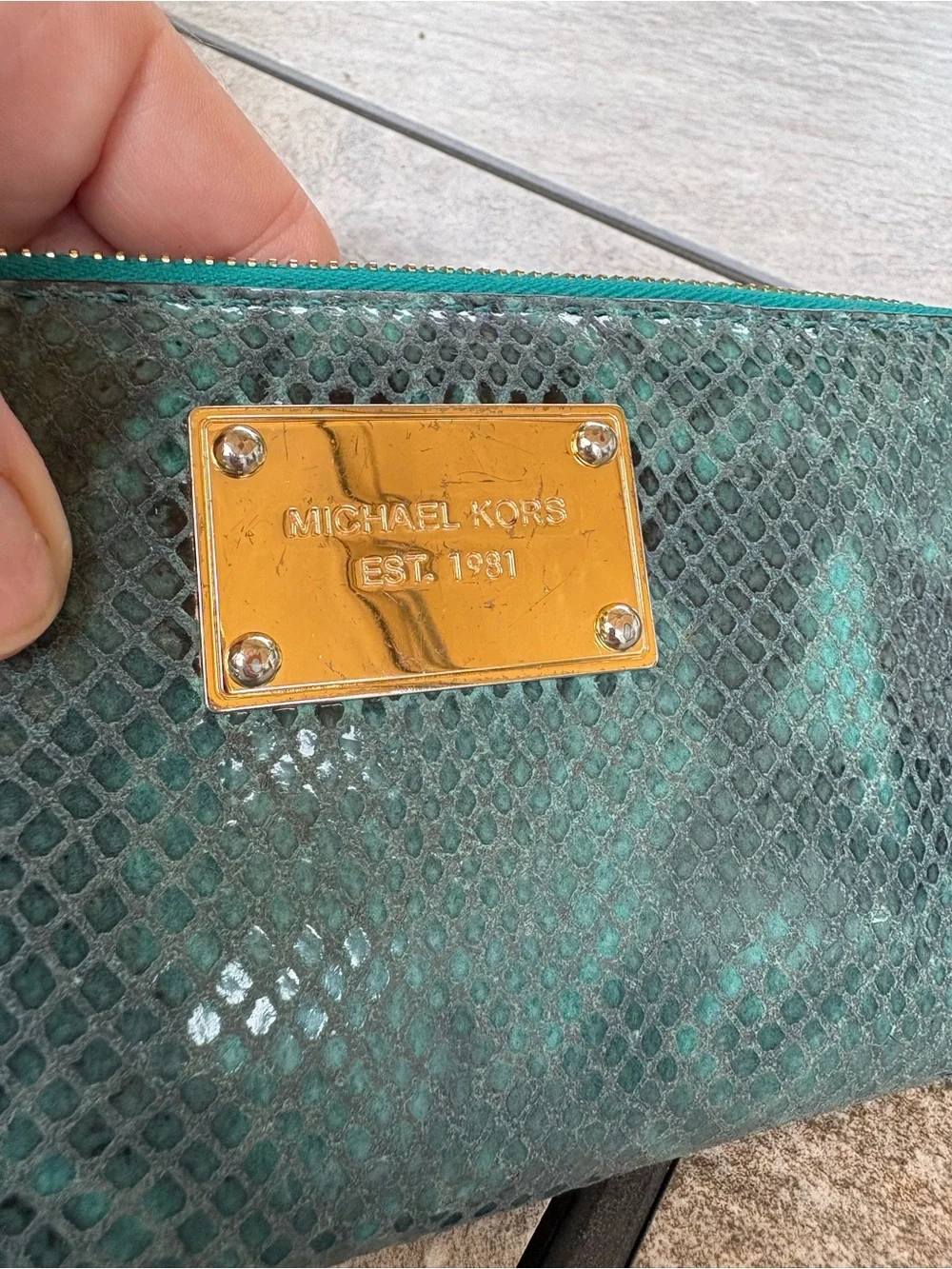 Michael Kors Teal Snake-Embossed Cosmetic Pouch with Gold Plaque